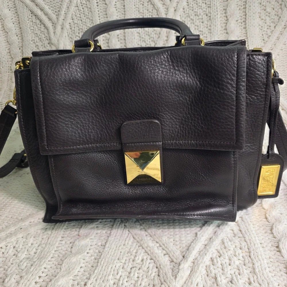 Badgley Mischka‎ Satchel Shoulder Bag Dark Brown Thick Pebbled Leather Gold Logo